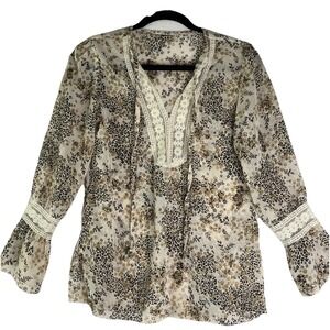 Peasant Popover Lace Trim Ditsy Floral Print Long Sleeve Semi-Sheer Blouse Top S
